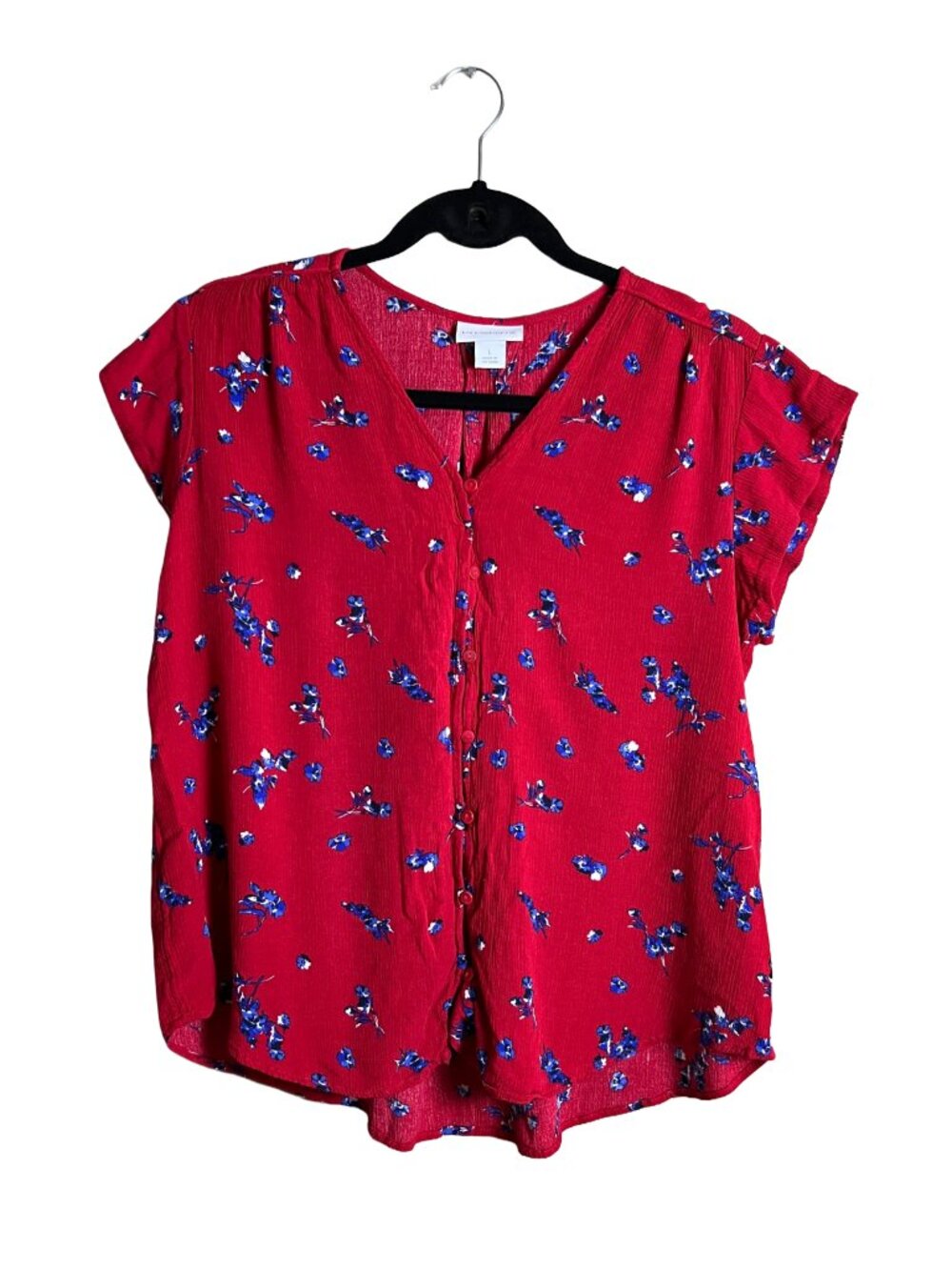 Liz Claiborne Red Floral Button Front Rayon Blouse Large